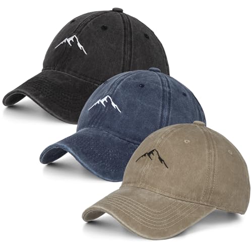 Washed Cotton Vintage Smile Mountain Baseball Cap Sun Hat - Adjustable One Size Black Navy Khaki