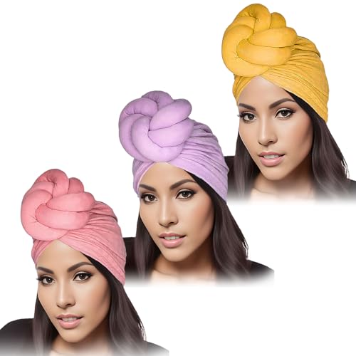 Women Turbans and Head Wraps 3-Pack - African Flower Knot Pre-Tied Bonnet Beanie