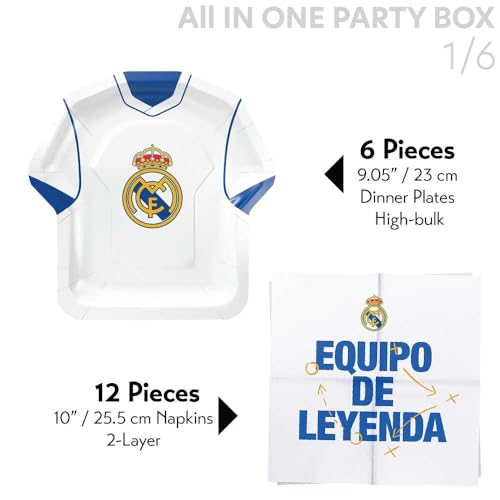 Real Madrid Soccer Team Party Supply Set - 77 Pieces for 6 Fans, White, Birthday & Match Day Decorations