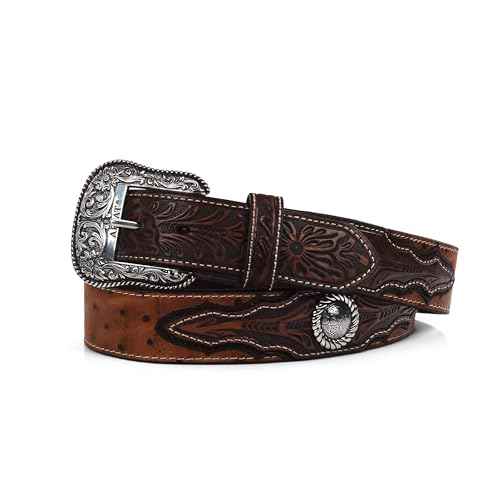 ARIAT Men's Faux Ostrich Leather Belt with Floral Emboss and Silver Conchos