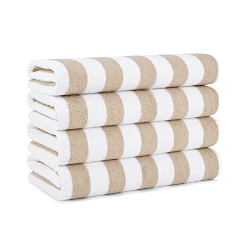 Arkwright California Cabana Stripe Beach Towel - Pack of 4, Large Soft Quick Dry Cotton Terry Towels Set for Pool, Swim, and Hot Tub, Oversized 30 x 70 in, Beige