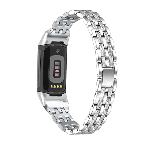 Silver Rhinestone Metal Bracelet Compatible with Fitbit Charge 6/5 - Luxurious Women's Wristband