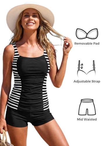 Slim Womens Tankini Swimsuit with Patchwork Ruched Top - Black, X-Large