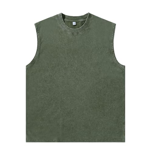 Men's Workout Tank Top Sleeveless Muscle Shirt - Acid Wash Cotton, Green, X-Large