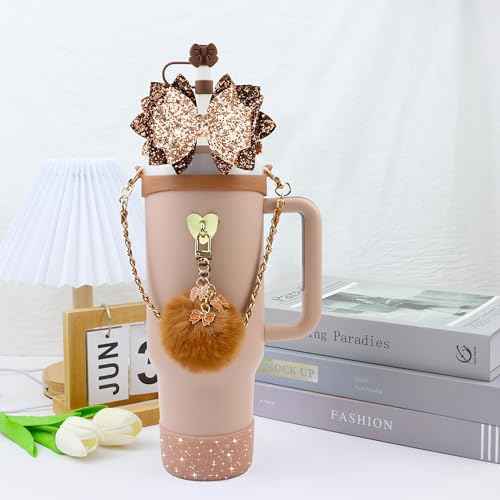Bling Stanley Cup Accessories for 40oz & 30oz Tumbler including Silicone Cute Bow Straw Topper Cover, Silicone Stanley Cup Boot,Leather Water Bottle Handle Strap, Charms(Brown)