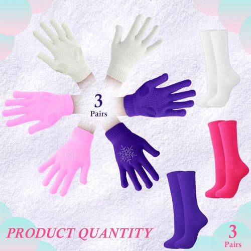 Hicarer 6 Pairs Figure Skating Gloves Socks Set Ice Skating Socks Warm Winter Anti Slip Gloves for Practice Competition