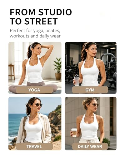 Women's Impact Halter Tank Top with Built-in Bra Backless Workout Shirt - Medium White