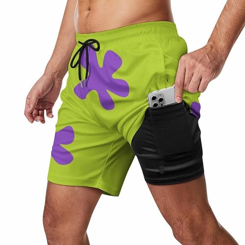 X-Large Green & Purple Leaves Men's Swim Shorts with Compression Liner & Zipper Pockets