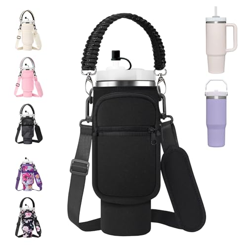 AceTreker 40 oz Water Bottle Carrier Bag with Handle & Straps - Black