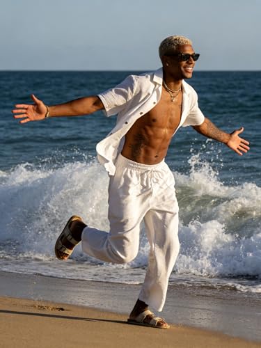Men's 2-Piece Summer Beach Outfit - White XL Casual Linen Shirt & Pants Set