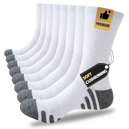 JOYN?E 8 Pairs Mens Crew Athletic Work Long Socks Calf Cushioned Socks for Sports Running Workout Gym