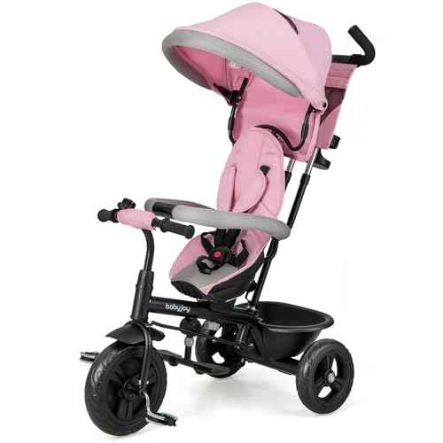 BABY JOY Tricycle, 4 in 1 Toddler Bike w/Removable Canopy, Adjustable Push Handle, Reversible Seat, Safety Belt, Folding Footrest & Storage Basket, Toddler Tricycle for Boys Girls 9-60 Months (Pink)