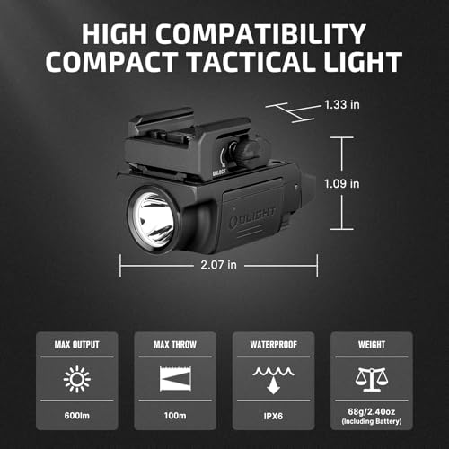 OLIGHT PL-Mini 3 Valkyrie 600 Lumens Compact Tactical Picatinny/GL/Hellcat Rail-Mounted Weaponlight with Two Included Rechargeable and Removable Battery, Pistol Light with Strobe Mode (Black)