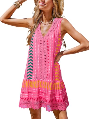 Swimsuit Coverup Lace Beach Dress - Hot Pink Patterned, Medium