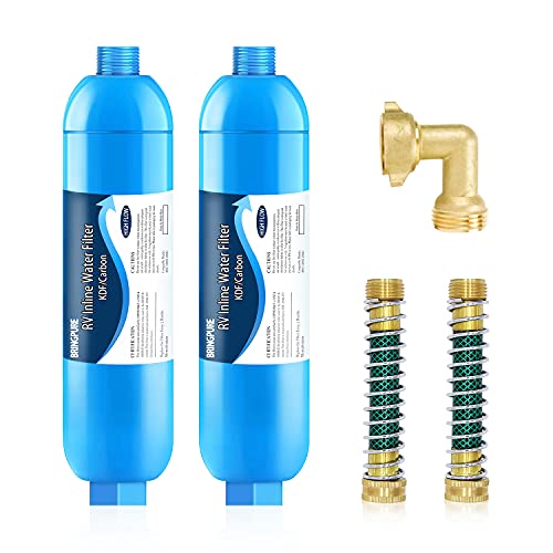 2 Pack RV Water Filter with 90 Degree Elbow and Flexible Hose Protector