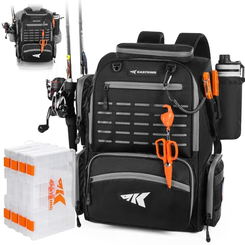 KastKing Bait Boss Fishing Tackle Backpack with Rod Holders-4 Tackle Boxes-Rain Cover,45/43L Large Storage for Fishing Gear