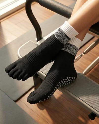 Non-Slip Pilates Grip Socks - 2 Pairs Black Blue Variation