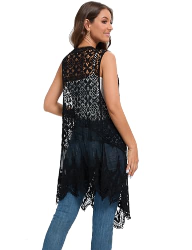 Black Sheer Crochet Cardigan Cover Up Mesh Hippie Vest - Sleeveless