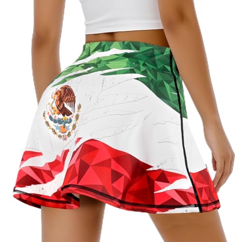 Women's High Waisted Tennis Skirt with Pockets and Inner Shorts - Small Mexican Flag