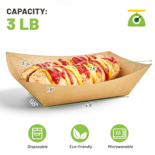 Disposable Paper Food Trays 100 Pack - 3 lb Kraft Snack Holders