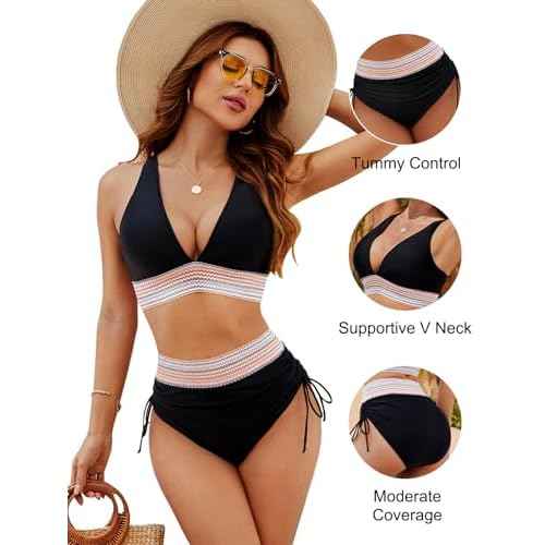 Blooming Jelly Women High Waisted Bikini Sets Tummy Control Swimsuits Color Block Two Piece Drawstring Bathing Suit