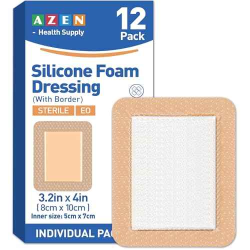 AZEN 12 Pack Silicone Foam Dressing, 3.2" X 4" Waterproof Silicone Bandages with Border Adhesive, Large Bandages for Wounds, Self Adhesive Wound Care and Dressings