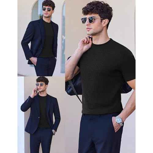Ekouaer Mens Mock Turtleneck Short Sleeve Knit T Shirts Slim Fit Basic Thermal Tops Lightweight Tee S-XXXL