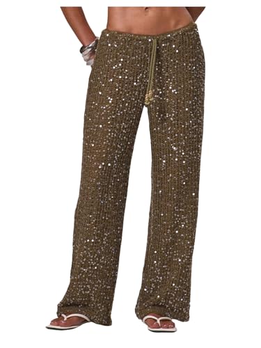 Women's Sequin Crochet Cover Up Pants - Hollow Out Beach Swimwear Medium Brown Green