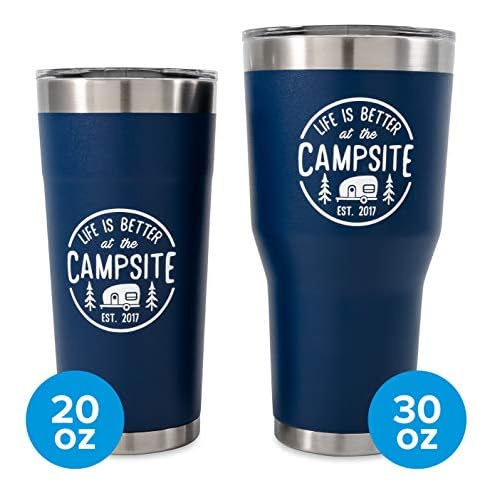 Camco Life is Better at The Campsite Stainless Steel Tumbler - Features Double Wall Vacuum Insulation for Heat/Ice Retention & Unique Life is Better At the Campsite Design - Holds 20 oz. (53323)
