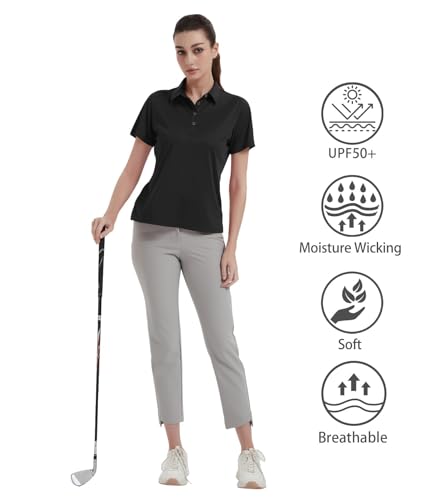Women's Polo Shirts UPF 50+ Quick Dry Short Sleeve Collared Golf Shirt Medium Black