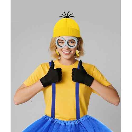 Halloween Costume Accessories Adult,Goggles Glasses/Yellow Beanie/Gloves/Banana Earrings Women Men Cosplay Party Outfits Set