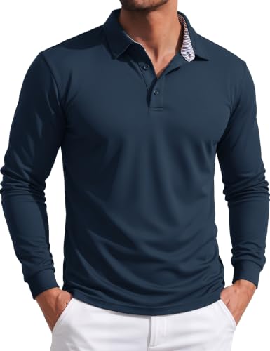 Men's Long Sleeve Polo Shirt Performance Quick Dry Golf Shirt Large Navy