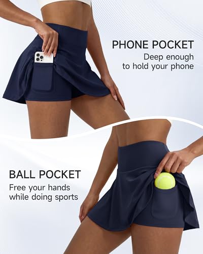 Women's Tennis Skirt with Shorts Navy Medium - High Waist Pleated Pickleball Athletic Skort