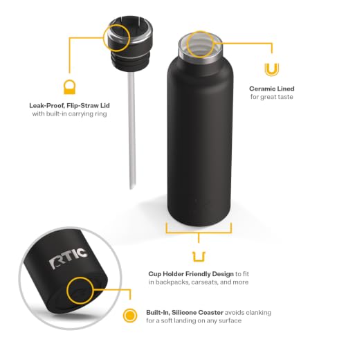 RTIC 20oz Water Bottle with Ceramic Lining - Black, Travel Insulated Bottle
