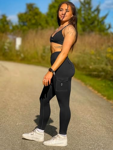Women’s Workout Cargo Leggings with 4 Pockets, 25-Inch Inseam, Medium, Black