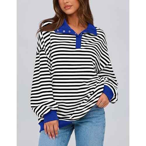 PRETTYGARDEN Women's Oversized Striped Sweatshirts Spring Fall Trendy Casual Long Sleeve Button Up Tops Shirt Preppy Clothes