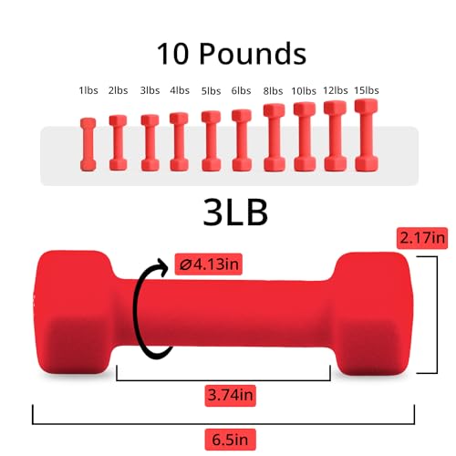 Red 3 lb Neoprene Dumbbells with Non-Slip Hex Shape - Pair for Total Body Workout
