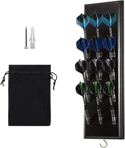 Wall Mounted Darts Holder with 12 Steel/Soft Tip Dart Display and Accessory Storage - Black