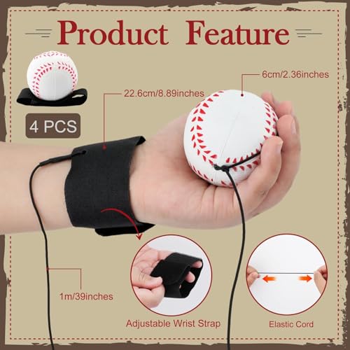 Baseball Wrist Return Balls 4 Pack - 2.36 Inch Rebound Sport Balls with Elastic Strap for Kids & Adults - Baseball Variation