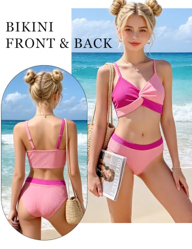 Girls' Two-Piece V-Neck Bikini Set with Spaghetti Straps and Twist Cross Design - Rose & Pink, Size 11-12 Years