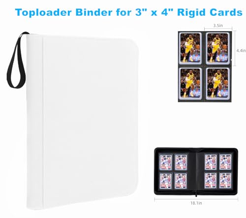 White 4-Pocket Toploader Card Binder Holds 128 Rigid 3x4 Cards, Ringless