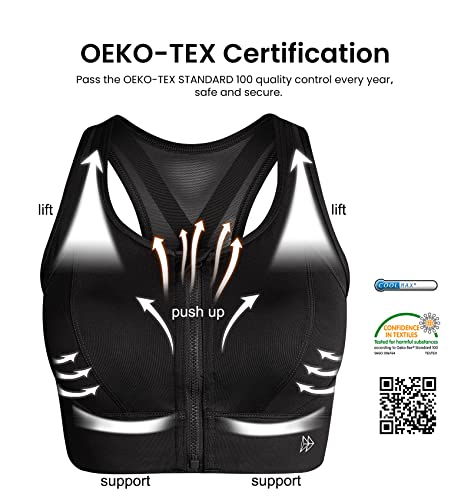 Yvette High Impact Zip Front Sports Bra for Women - X-Large D/DDD Black