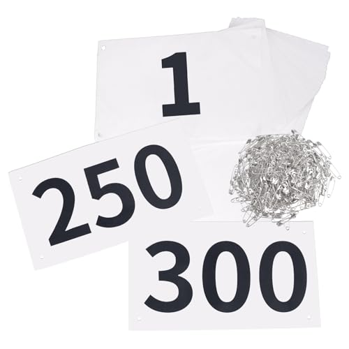 Race Bibs Running Numbers with Safety Pins, Tyvek 4x7 Inch Large Numbers 1-500 - Black & White Variation