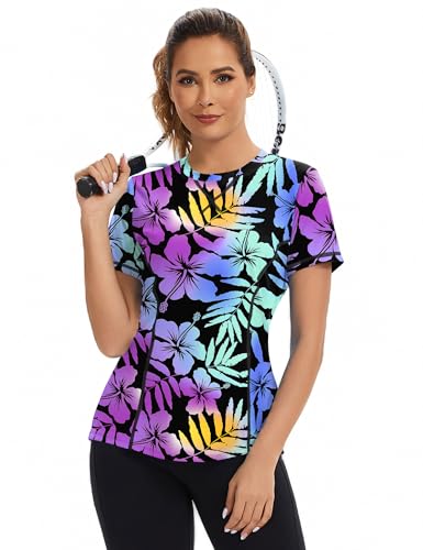 Avoogue Women's Short Sleeve Workout Top UPF50+ Sun Shirt - Large / Colorful Leaves