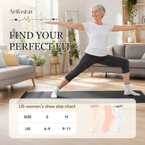 Anti Slip Crew Socks for Women - Artfasion Non Slip Grippy Ruffle Socks 9-11 Cream+White+Light Pink