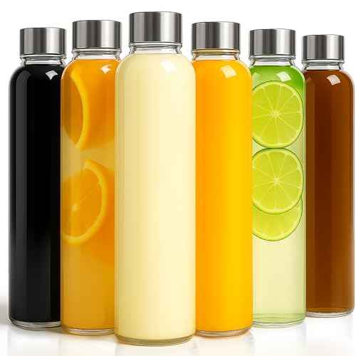 Epica Clear Glass Bottles with Lids, 18oz Resuable Glass Water Bottles for Juicing with Stainless Steel Cap to store Milk, Smoothie, etc., 100% Leak Proof, Durable and Dishwasher Safe (Set of 6)