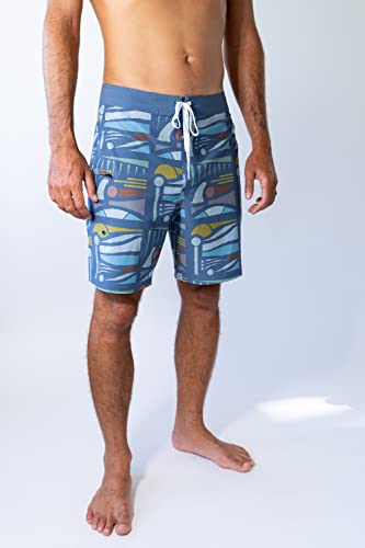 Men's 18-19 Inch 4-Way Stretch Boardshorts Swim Trunks - Retro Aloha 36