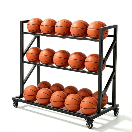 3-Tier Basketball Storage Rack with 20-Ball Capacity & Rolling Wheels