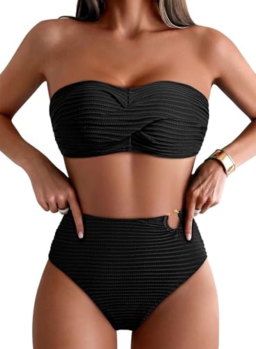 Pink Queen High Waisted Bikini Sets for Women - Medium Black Twist Front Bandeau Swimsuit