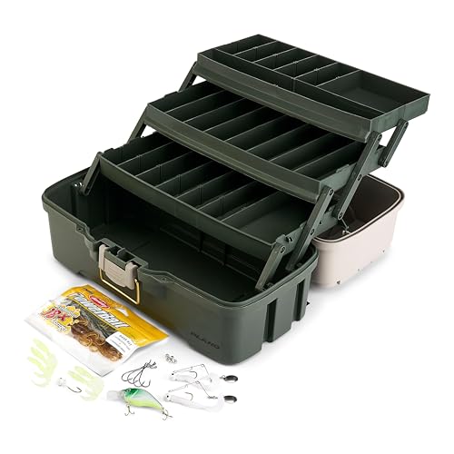 Fishing Tackle Box with Deep Storage and Top-Access Trays - Tan/Green, Rust-Proof Brass Latch, Portable Organizer - Bass Variation